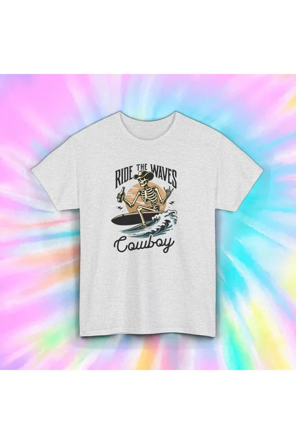 Ride The Waves Cowboy T-Shirt Surfing Skeleton Western Graphic Tee Unisex Tee