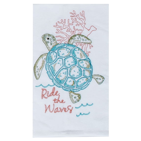 Ride the Waves Sea Turtle in Coral Embroidered Flour Sack Kitchen Dish Towel