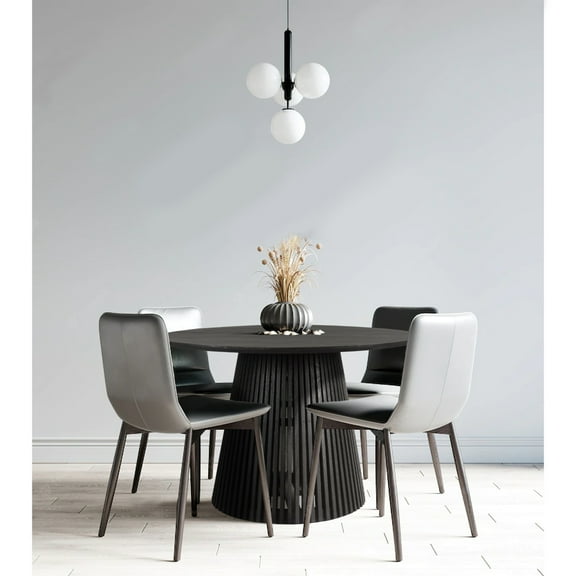 Ridge 47 Inch Handcrafted Mango Wood Round Dining Table Slatted Flared Base Black- Saltoro Sherpi