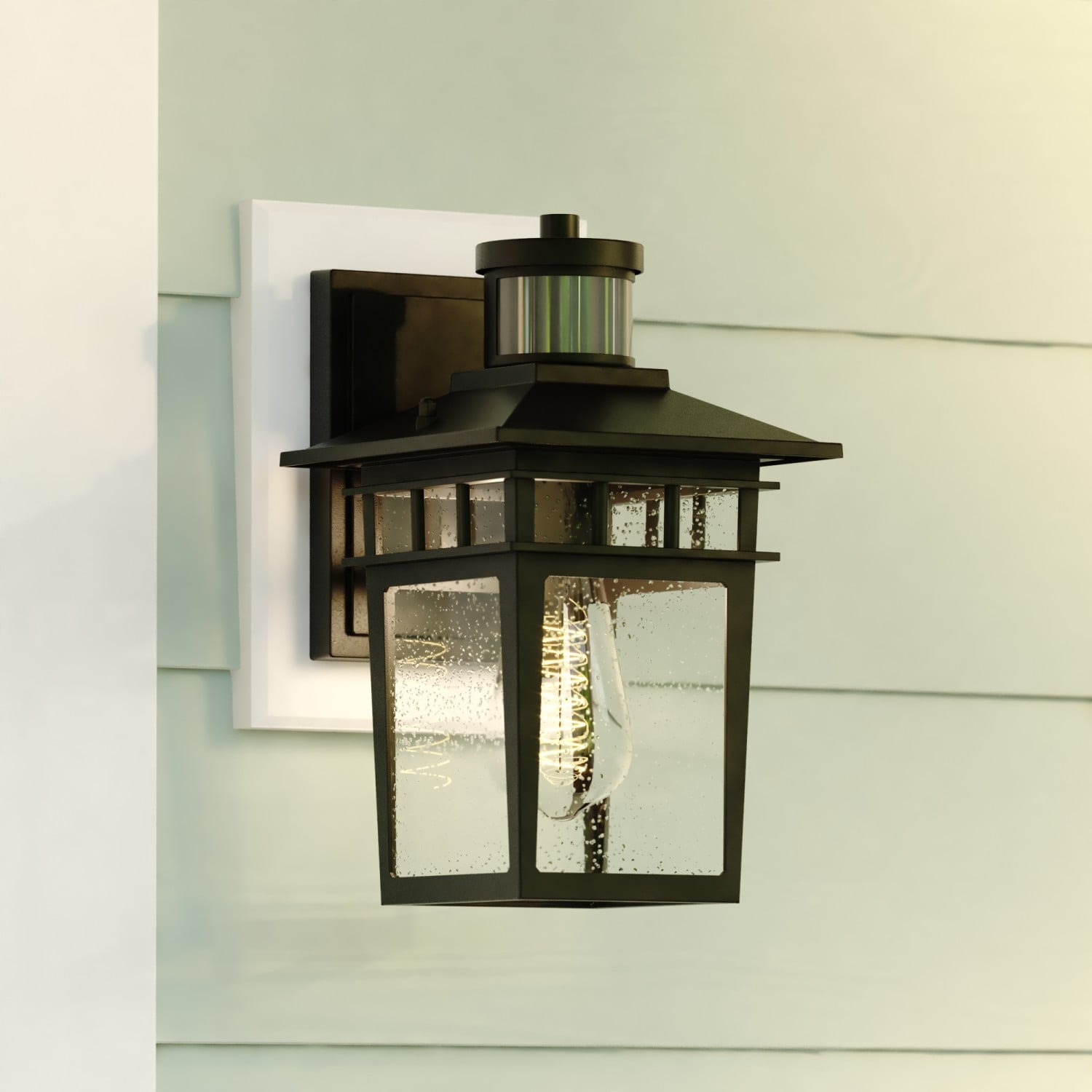 Ridge 6.5-in. W 1 Light Aluminum Black Motion Sensor Dusk to Dawn Outdoor Wall Lantern Clear Glass