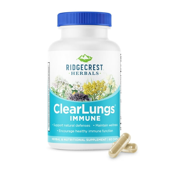 Ridgecrest Herbals ClearLungs Immune, Lung Support Supplement with Mullein, Elderberry, Zinc, Vitamin C, Vitamin A, Olive Leaf (60 Caps, 30 Serv)