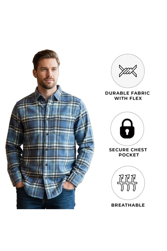 Men's Blue Plaid Shirt Flannel Chest Zip Pocket Long Sleeve