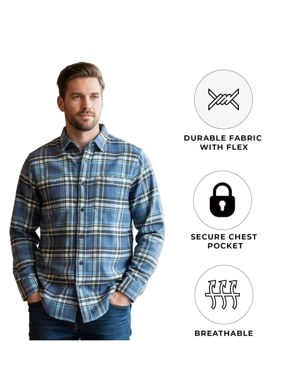 Men's Blue Plaid Shirt Flannel Chest Zip Pocket Long Sleeve