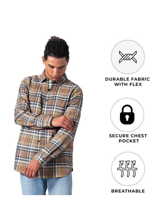 Men's Brown Plaid Shirt Flannel Chest Zip Pocket Long Sleeve