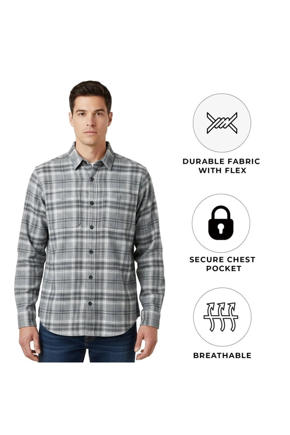 Men's Grey Plaid Shirt Flannel Chest Zip Pocket Long Sleeve