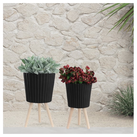 Ridged Planter with Wood Legs - Set of 2, Black - Indoor/Outdoor Plant Pots - 10x10x17" & 12x12x21" - Modern Flower Pots for Home & Garden Black + Polyresin