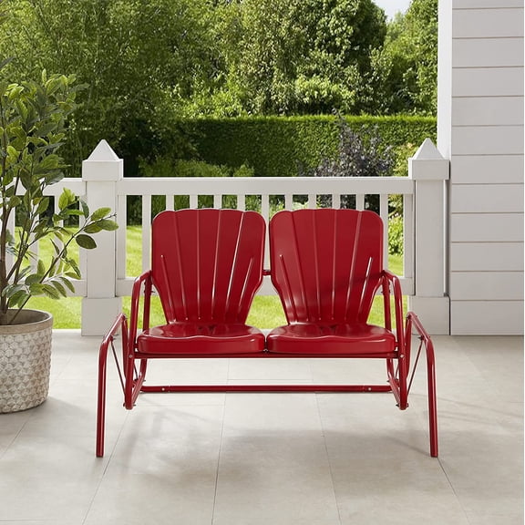 Ridgeland Retro Metal Outdoor Loveseat Glider, 2-Person Rocking Bench for Porch, Bright Red Gloss