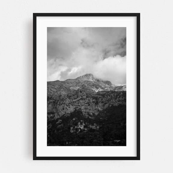 Ridges in Positano B&W - Positano Campania Italy Photography Black and White Mountain Nature Landscape Scenic Minimalist Black Framed Wall Art Print 5 x 7 inches