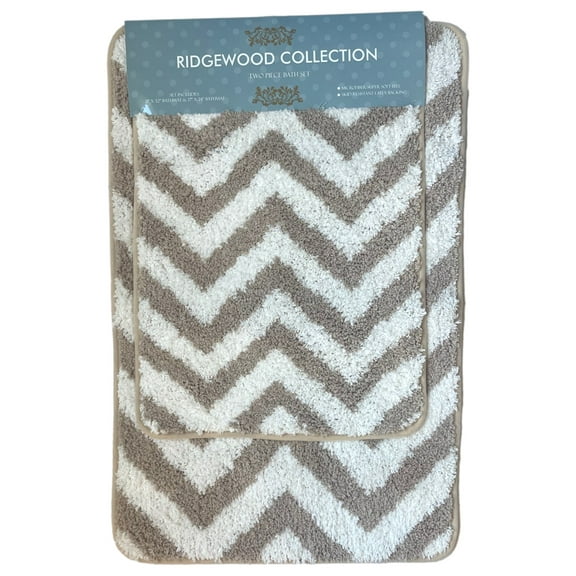 Ridgewood Collection Bath Rug Set, 2 Beige Chevron Non-Skid Microfiber Bath Mats