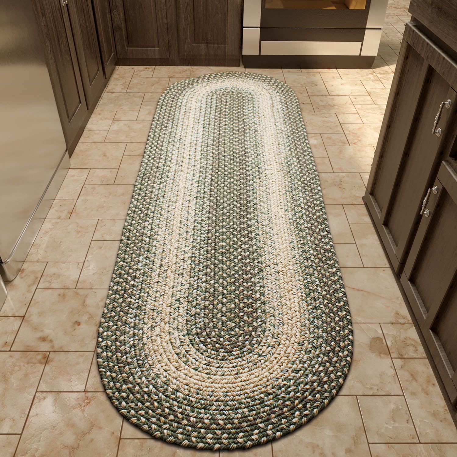 Forest Green and Beige Braided Oval Runner Rug 2' x 8'
