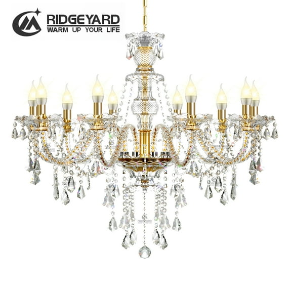 Ridgeyard 10 Lights Gold Luxurious Candle Crystal Chandelier K9 Modern Ceiling Pendant Lamp for Living Bedroom