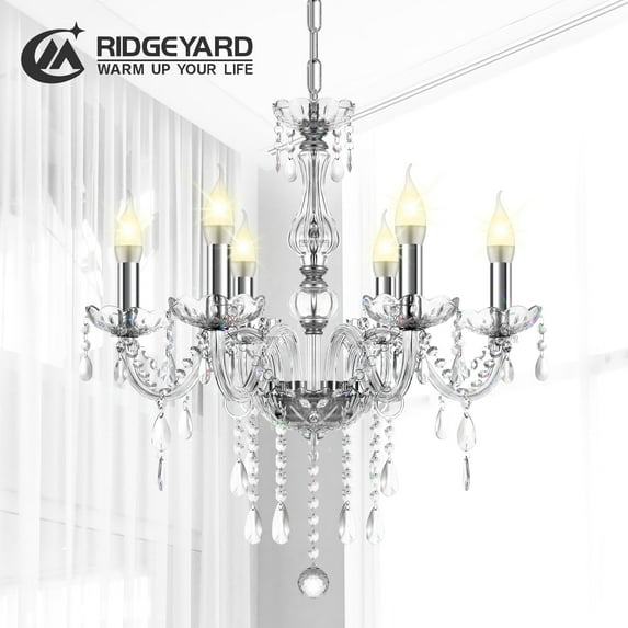Ridgeyard 6 Lights Clear Chandelier Classic Candle Crystal Home Mounted Lighting Fixture for Bedroom