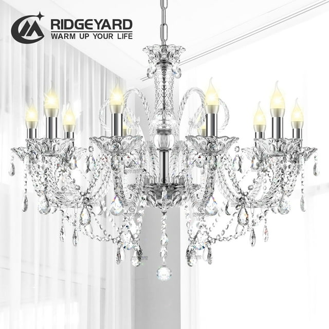 Ridgeyard Living Room Chandelier with 10 Lights Clear K9 Crystal Candle Modern Hanging Lighting Adjustable Height