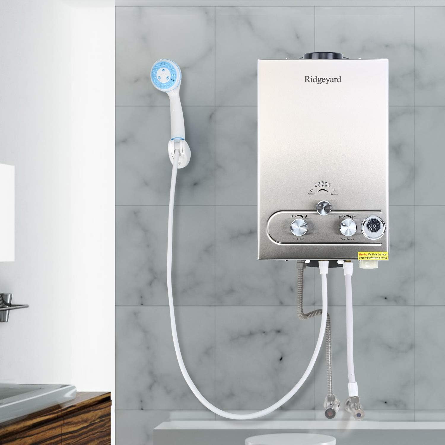 Ridgeyard Modern 8L LPG Gas Power Tankless Propane Water Heater, On