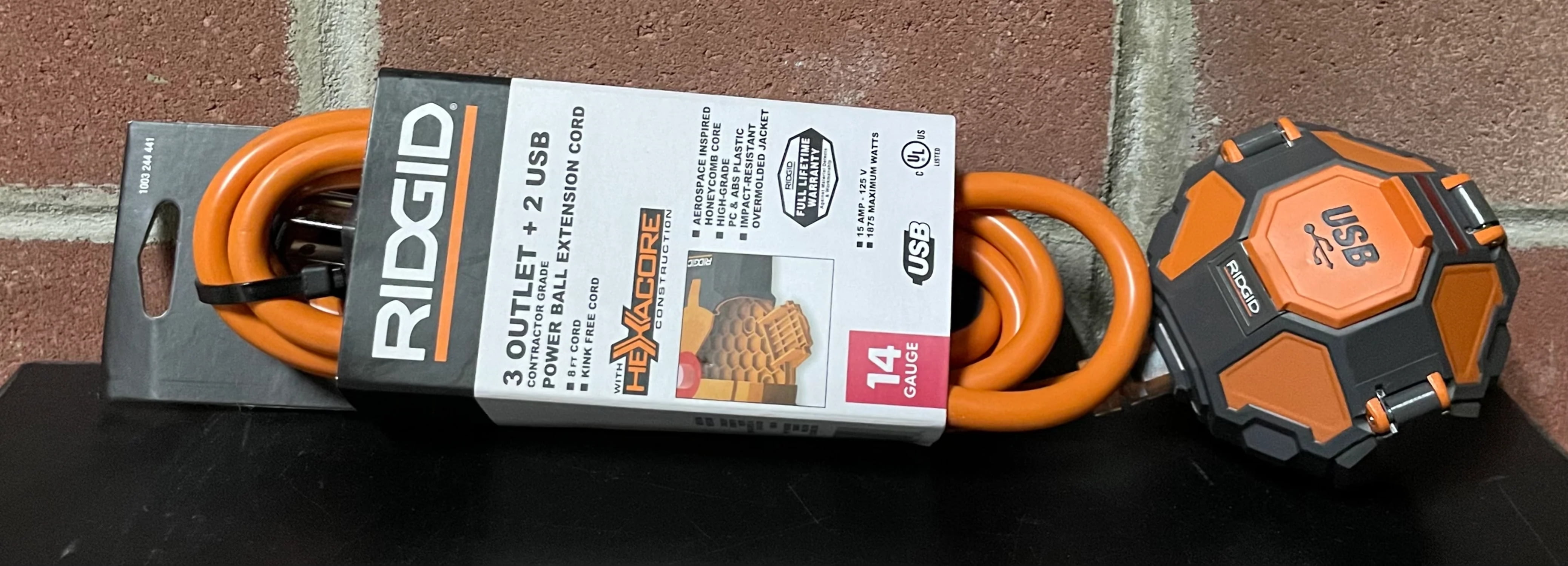 Ridgid Power Ball 8' Extension Cord 3 Outlet 2 USB 14 Gauge 15 Amp 120