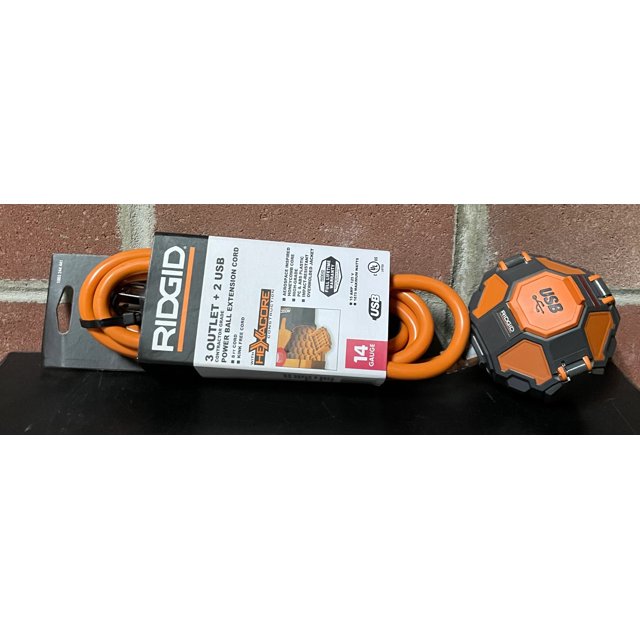 Ridgid Power Ball 8' Extension Cord 3 Outlet 2 USB 14 Gauge 15 Amp 120