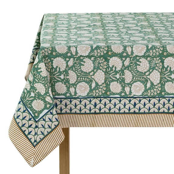 Ridhi 100% Cotton Hand Block Print Thanksgiving Tablecloth 70"x108" Moss Green