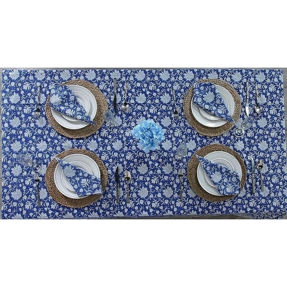 Ridhi - Prussian Blue 72x190 Inch rectangle Cotton indian hand block print reusable tablecloth
