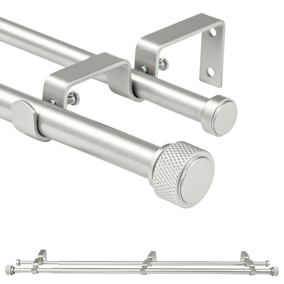 Ridicili 5/8 Inch Adjustable Double Drapery Curtain Rod Set with Rhombic Cylinder Finials, 5/8 Inch Front and 1/2 Inch Back Double Window Drapery Rod, 28"-48", Pewter