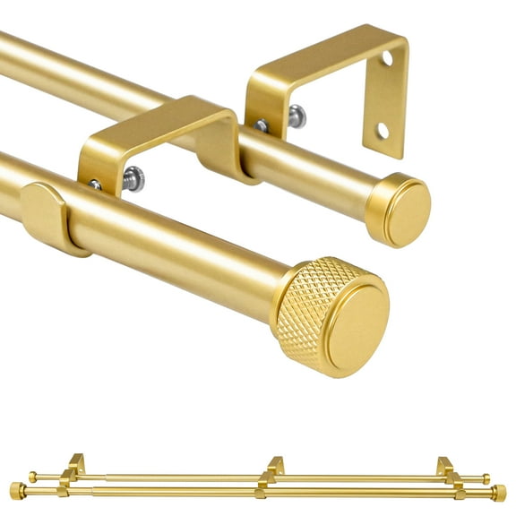 Ridicili 5/8 Inch Adjustable Double Drapery Curtain Rod Set with Rhombic Cylinder Finials, 5/8 Inch Front and 1/2 Inch Back Double Window Drapery Rod, 48"-84", Matte Gold