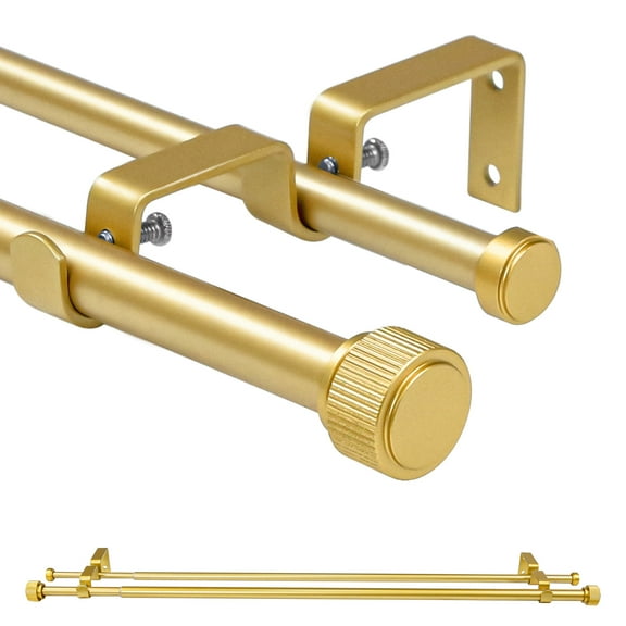 Ridicili 5/8 Inch Adjustable Double Drapery Curtain Rod Set with Vertical Cylinder Finials, 5/8 Inch Front and 1/2 Inch Back Double Window Drapery Rod, 28"-48", Matte Gold