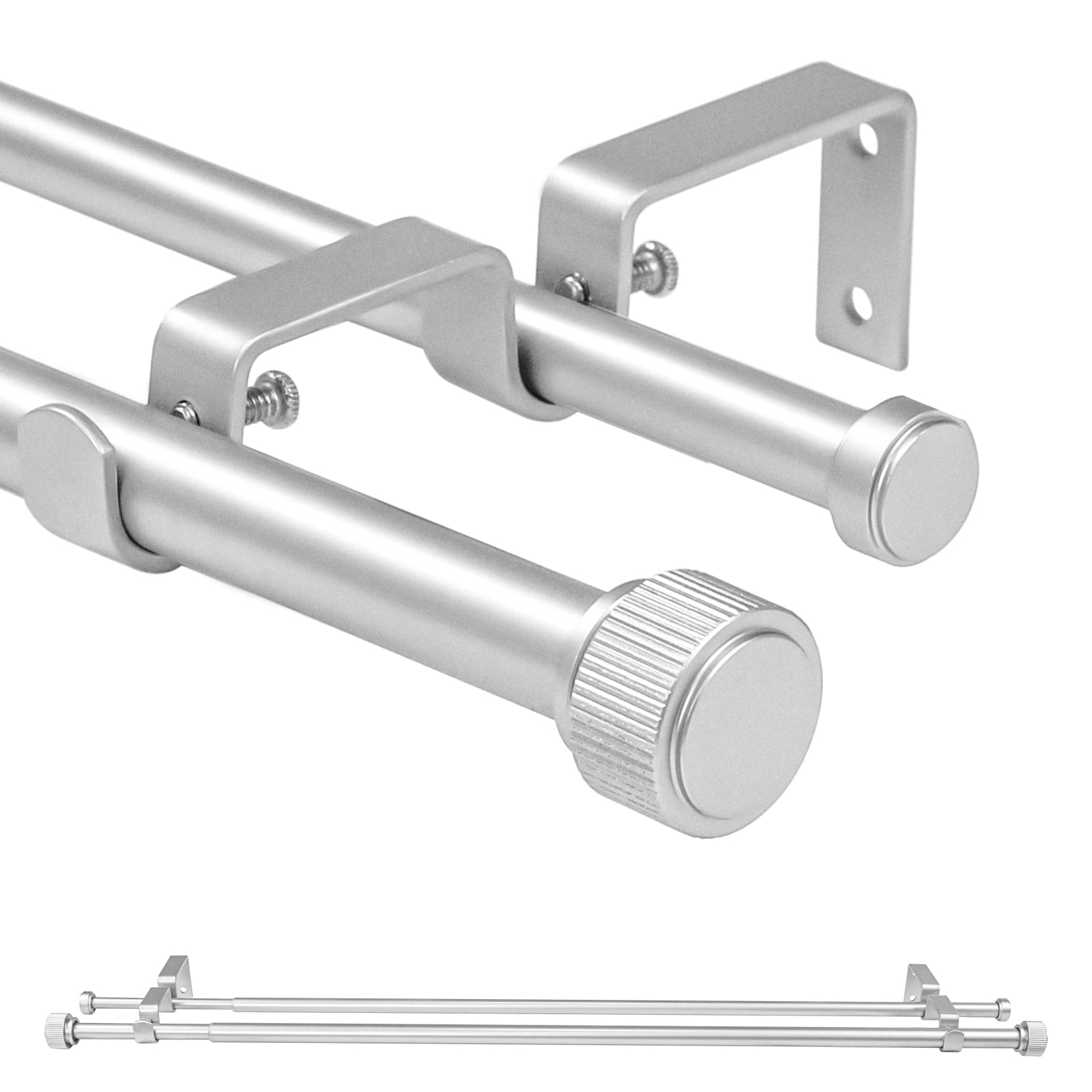 Ridicili 5/8 Inch Adjustable Double Drapery Curtain Rod Set with Vertical Cylinder Finials, 5/8 Inch Front and 1/2 Inch Back Double Window Drapery Rod, 84"-120", Pewter