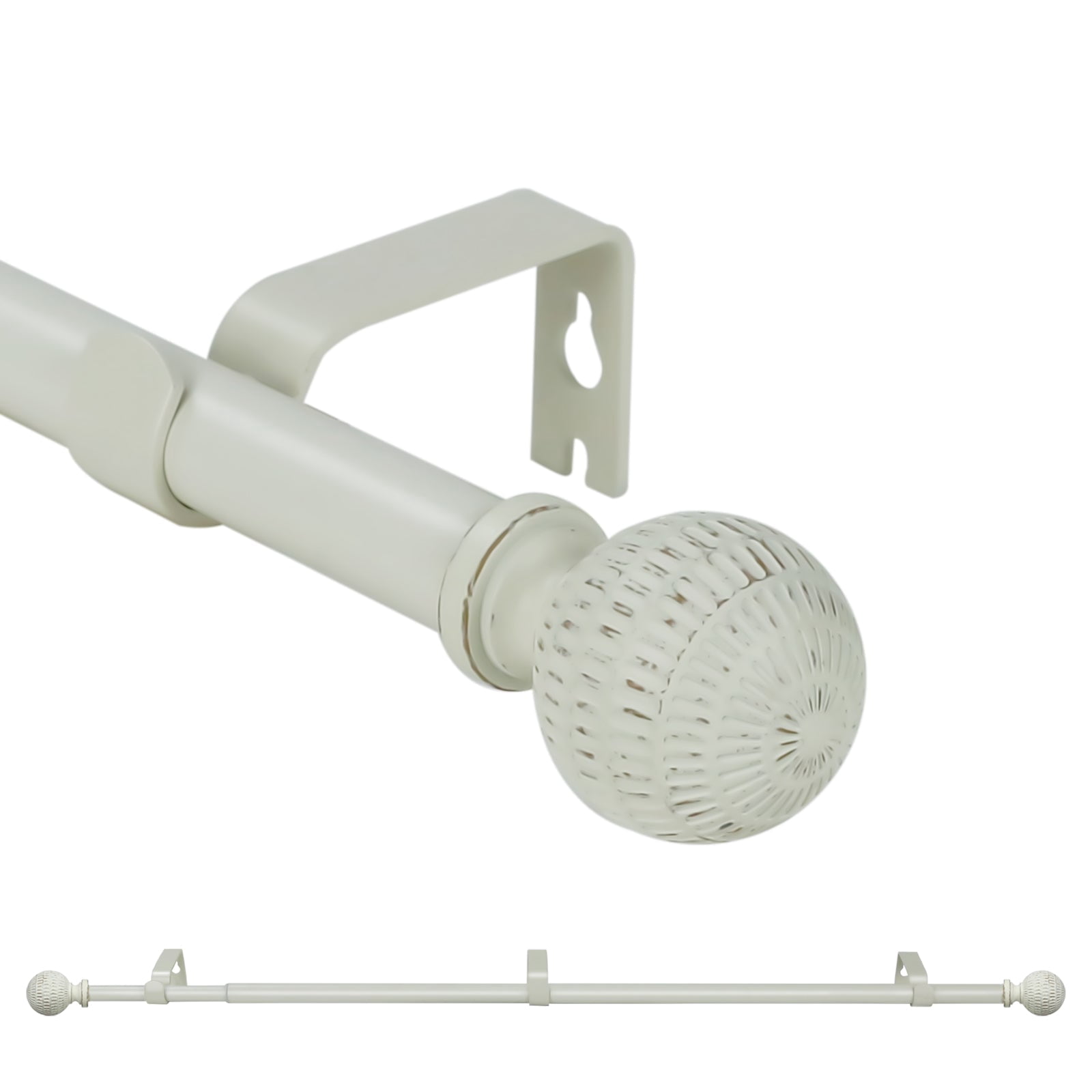 Ridicili 5/8" Single Telescoping Curtain Rod with Reticulated Ball Finials,Weathered White, 84"-120"