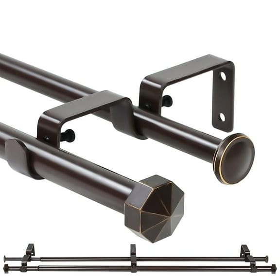Ridicili 5/8" Telescoping Double Curtain Rods with Octagonal Finials, Bronze Gold,,48"-84", 5/8 Inches Front and 1/2 Inches Back Double Window Drapery Rod