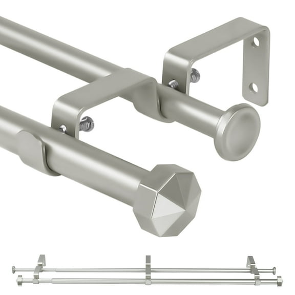 Ridicili 5/8" Telescoping Double Curtain Rods with Octagonal Finials, Pewter, 84"-120", 5/8 Inches Front and 1/2 Inches Back Double Window Drapery Rod