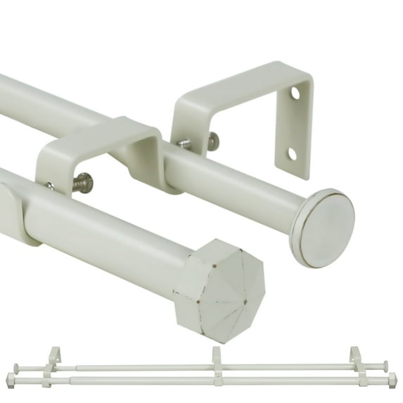 Ridicili 5/8" Telescoping Double Curtain Rods with Octagonal Finials, Weathered White, 28"-48", 5/8 Inches Front and 1/2 Inches Back Double Window Drapery Rod