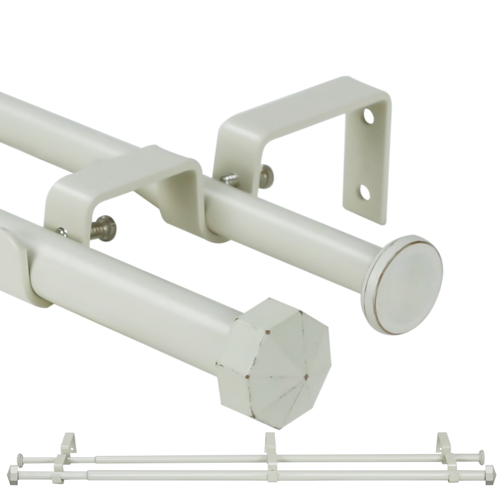 Ridicili 5/8" Telescoping Double Curtain Rods with Octagonal Finials, Weathered White,,48"-84", 5/8 Inches Front and 1/2 Inches Back Double Window Drapery Rod