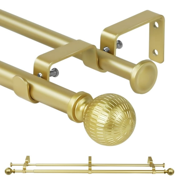 Ridicili 5/8" Telescoping Double Curtain Rods with Reticulated Ball Finials, Gold, 28"-48", 5/8 Inches Front and 1/2 Inches Back Double Window Drapery Rod