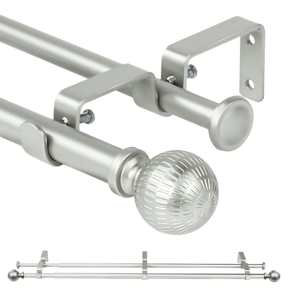 Ridicili 5/8" Telescoping Double Curtain Rods with Reticulated Ball Finials, Pewter,48"-84", 5/8 Inches Front and 1/2 Inches Back Double Window Drapery Rod
