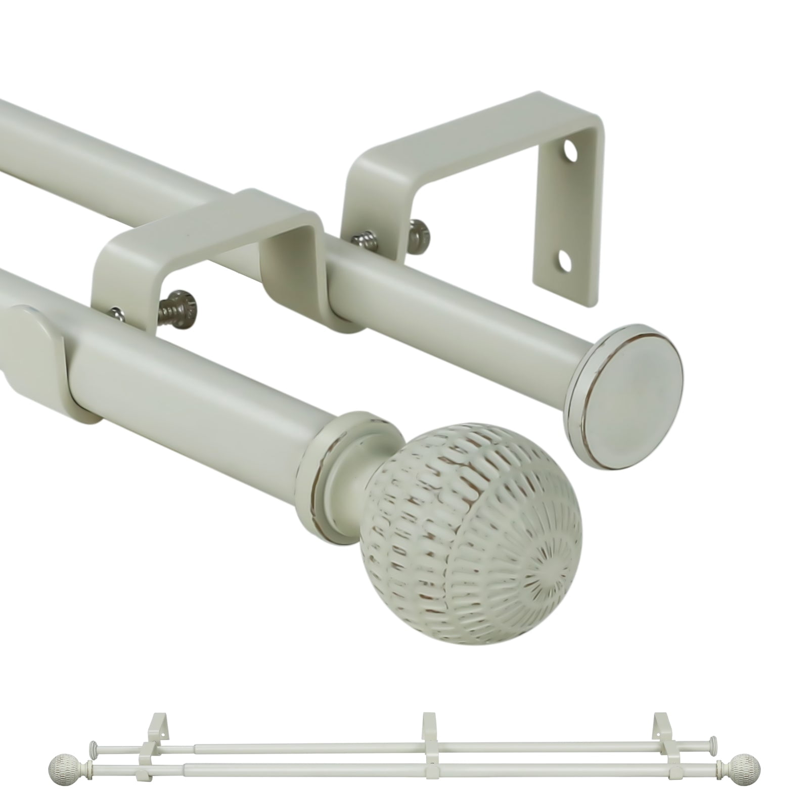 Ridicili 5/8" Telescoping Double Curtain Rods with Reticulated Ball Finials, Weathered White, 84"-120", 5/8 Inches Front and 1/2 Inches Back Double Window Drapery Rod