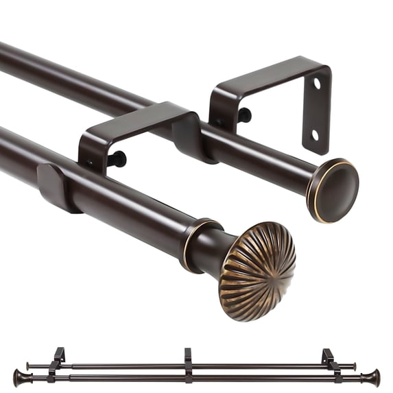 Ridicili 5/8" Telescoping Double Curtain Rods with Trumpet Finials, Bronze Gold, 28"-48", 5/8 Inches Front and 1/2 Inches Back Double Window Drapery Rod