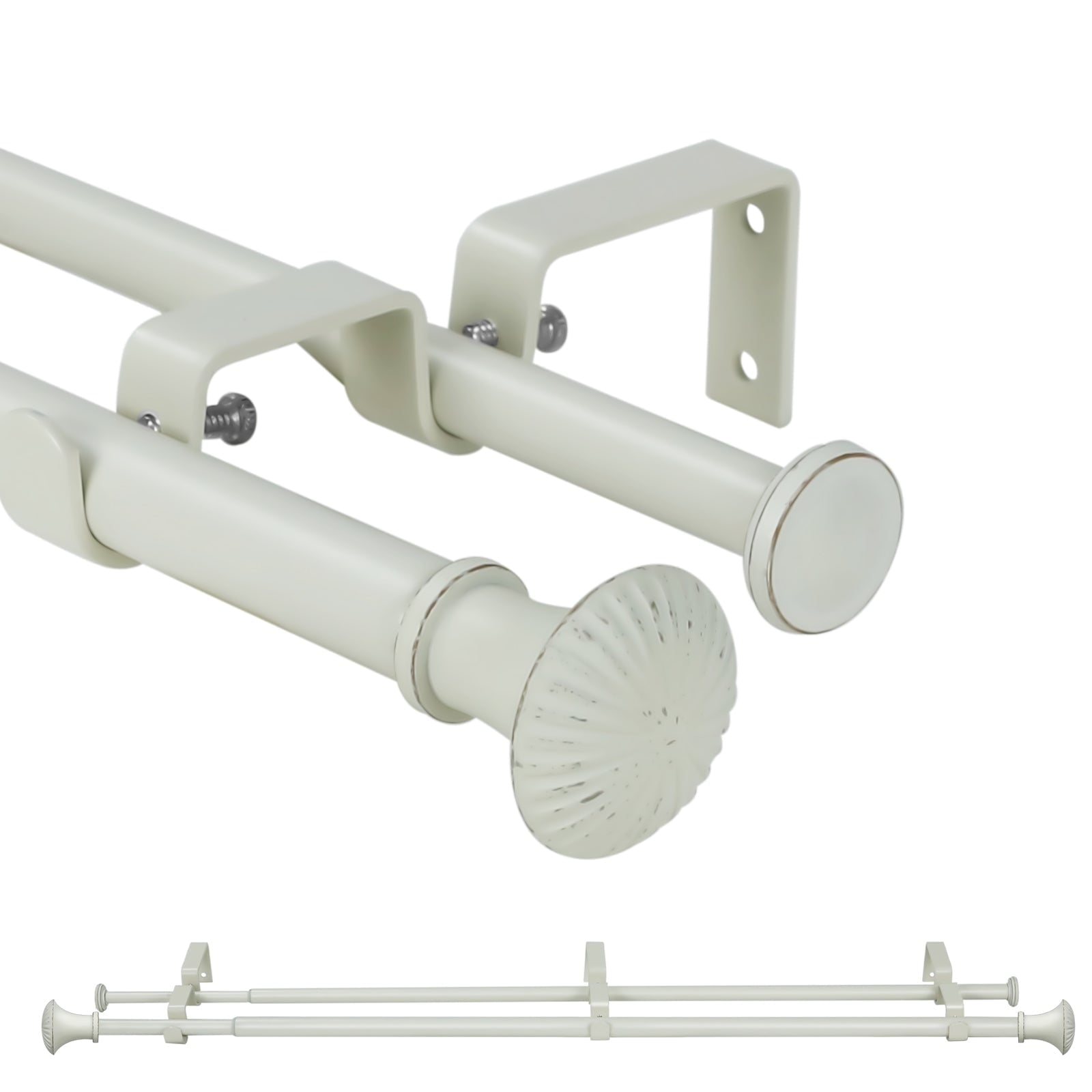 Ridicili 5/8" Telescoping Double Curtain Rods with Trumpet Finials, Weathered White, 84"-120", 5/8 Inches Front and 1/2 Inches Back Double Window Drapery Rod