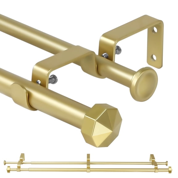 Ridicili 5/8" Telescoping Double Curtain Rods with Octagonal Finials, Gold, 28"-48", 5/8 Inches Front and 1/2 Inches Back Double Window Drapery Rod