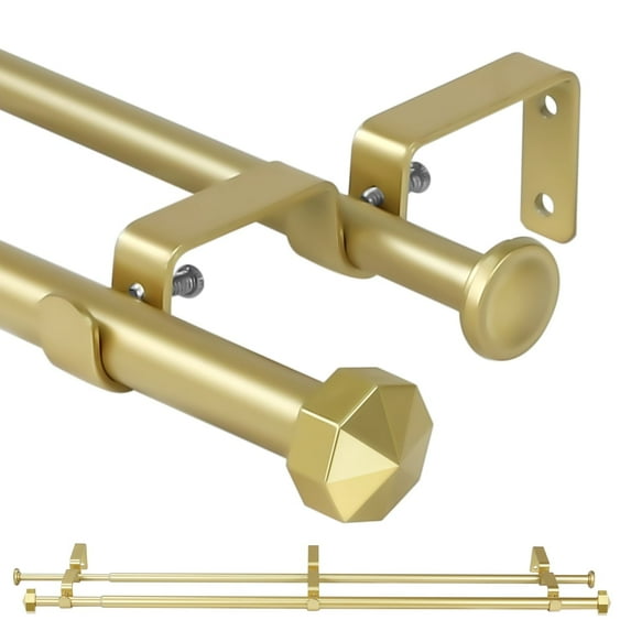 Ridicili 5/8" Telescoping Double Curtain Rods with Octagonal Finials, Gold,,48"-84", 5/8 Inches Front and 1/2 Inches Back Double Window Drapery Rod