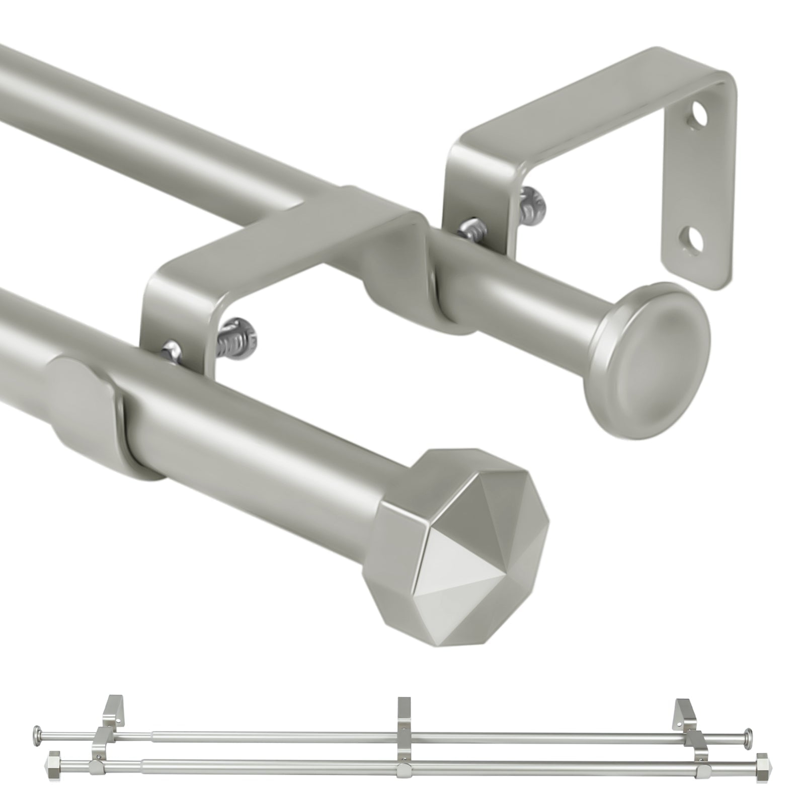 Ridicili 5/8" Telescoping Double Curtain Rods with Octagonal Finials ,Pewter, 28"-48", 5/8 Inches Front and 1/2 Inches Back Double Window Drapery Rod