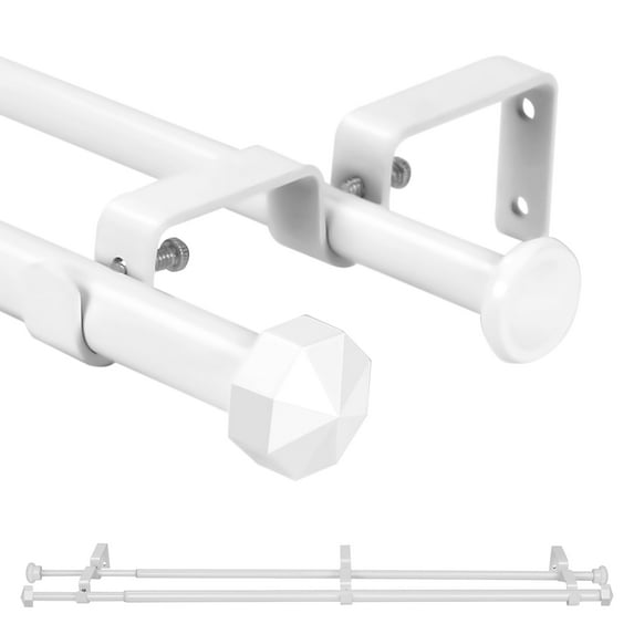 Ridicili 5/8" Telescoping Double Curtain Rods with Octagonal Finials, White, 84"-120", 5/8 Inches Front and 1/2 Inches Back Double Window Drapery Rod