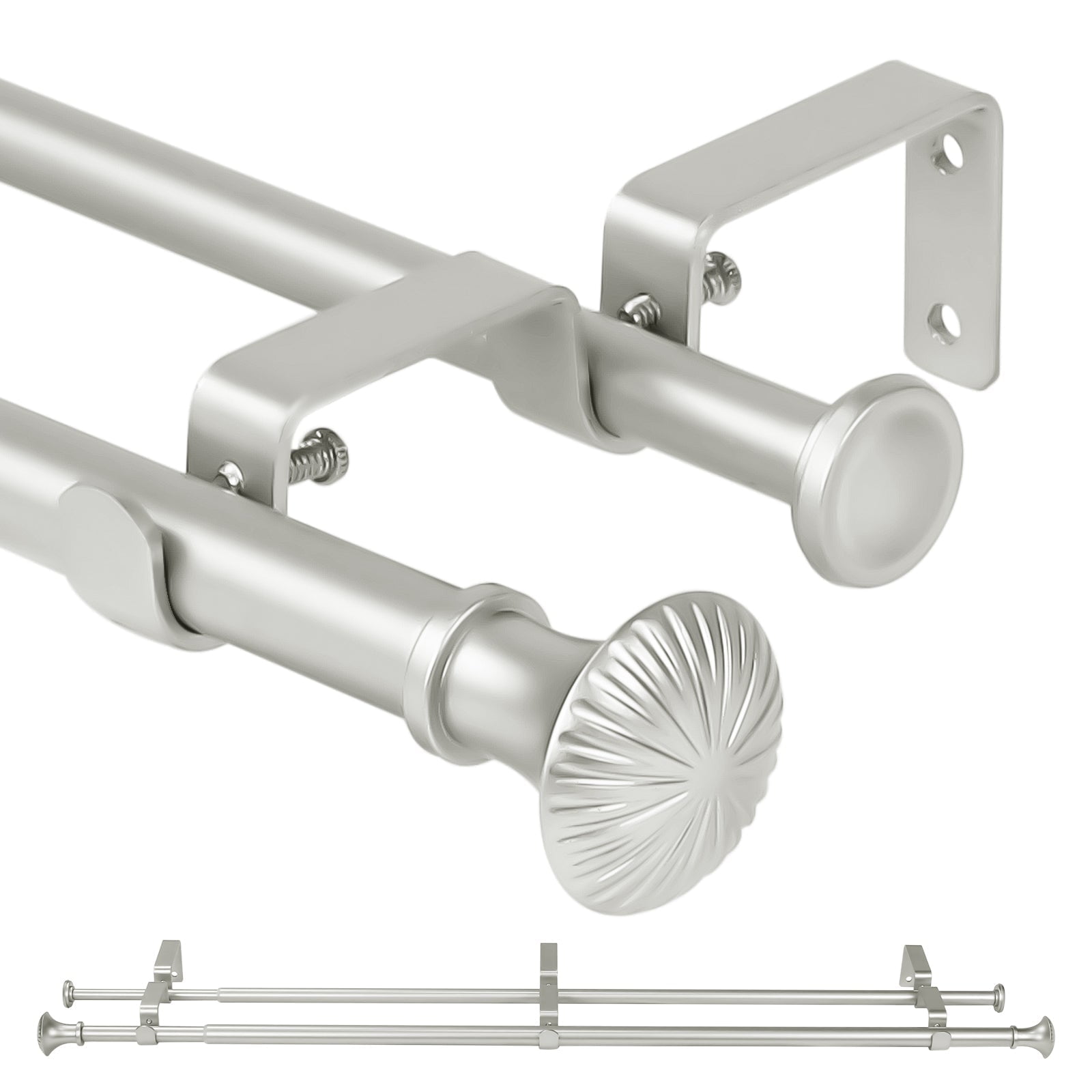 Ridicili 5/8" Telescoping Double Curtain Rods with Trumpet Finials, Pewter,48"-84", 5/8 Inches Front and 1/2 Inches Back Double Window Drapery Rod