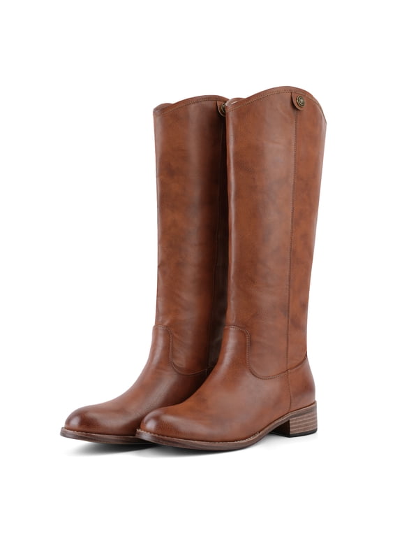 Riding Boots For Women Round Toe Chunky Heel Knee High Boots Vintage Metal Hardware Tall Booties Pull on 2062 Fall Winter