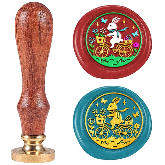 Riding Bunny Easter Wax Seal Stamp 1" Removable Brass Seal Head with Wooden Handle Vintage Embossed Letter Sealing Wax StampDIY