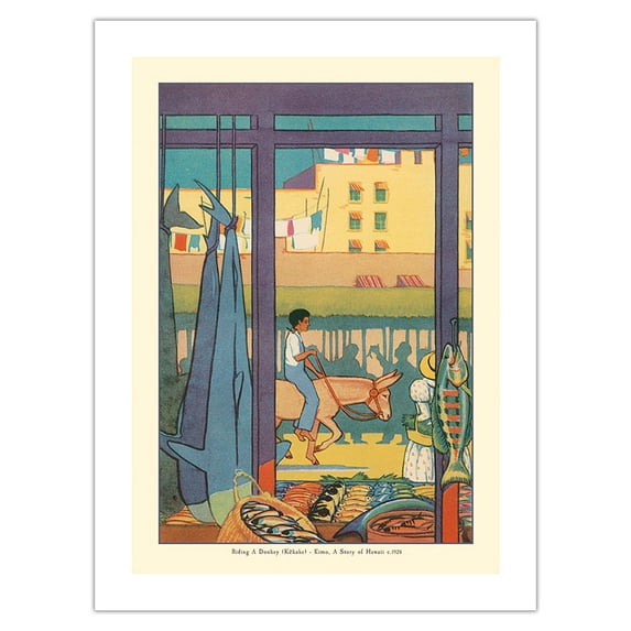 Riding a Donkey (Kēkake) - Book Plate From Kimo A Story of Hawaii - Vintage Hawaii Book Illustration by Lucille Webster Holling c.1928 - Bamboo Fine Art 290gsm Paper Print (Unframed) 24x32in