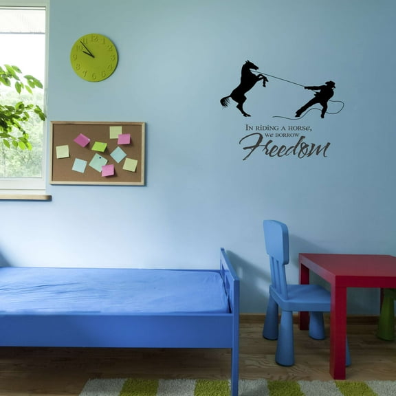 In Riding A Horse We Barrow Freedom Cowboy Roping Horse Cowgirl Boots Hat Chaps Rodeo Pony Bull Steer Stallion Roper Holiday Gift Decorating Ideas Bedroom Wall Decal Sticker - Size: 10 In X 8 In