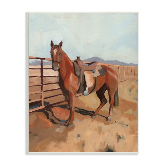 Riding Horse Southwestern Farm Field Mountainside Fence 13 in x 19 in Framed Painting Art Print, by Stupell Home Décor