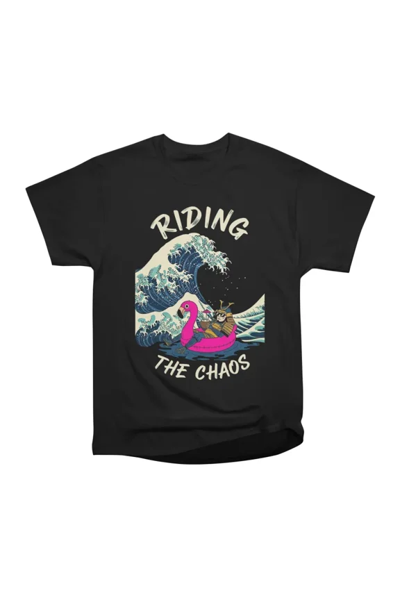 Riding The Chaos Samurai Flamingo Float Great Wave T-Shirt Tee Gift For Him Merch For Her