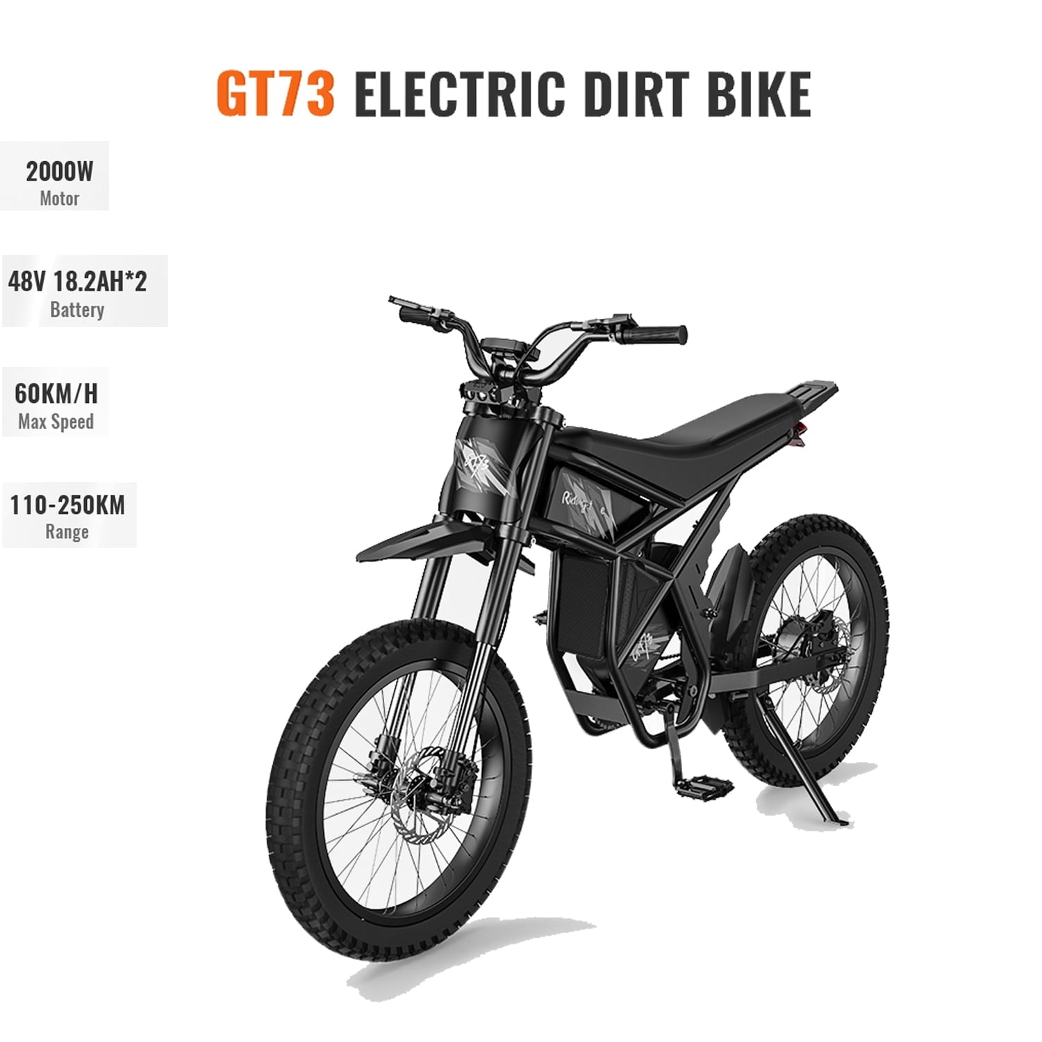Ridingtimes GT73 Electric Dirt Bike for Adults,2400W Motor 48V18.2AH Dual Battary ebike dirt bicycles with 25" Tires Digital Screen Carbon Steel Black UL2849 One Seat