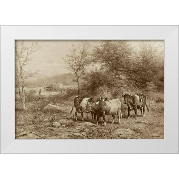Riecke, George 24x17 White Modern Wood Framed Museum Art Print Titled - Grazing Cattle