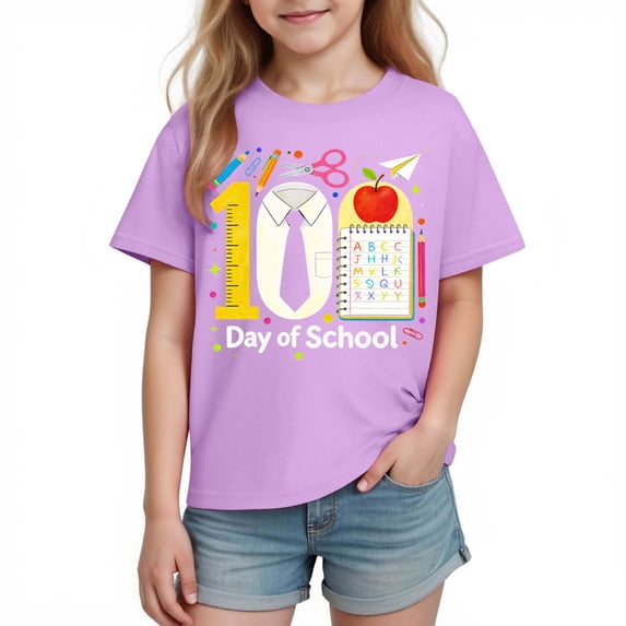 Riecok 100 Days of School Shirt Kids Girls Crewneck Celebration Tees Funny Colorful Printed Short Sleeve Tops